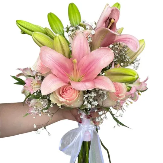 Ramo de novia con lilium lirios y rosas rosado